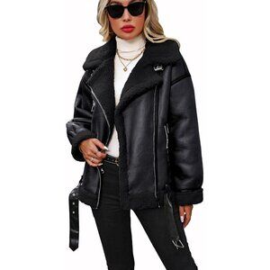 Women black LY VAREY LIN Faux Leather Sherpa Aviator Bomber Jacket